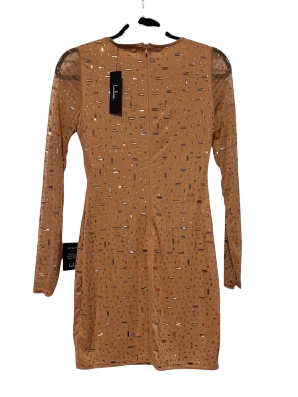 Lulus Rhinestone Mesh Long Sleeve Mini Dress Nude Square Neck Small NWT - Picture 3 of 7